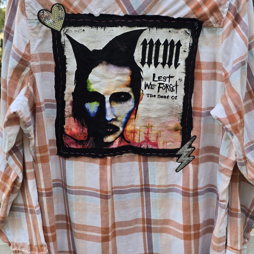 Graphic Plaid Button-Up Shirt with Colorful Patch